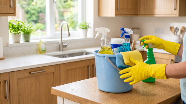 Person wearing yellow rubber gloves cleaning kitchen surfaces with supplies in a blue bucket