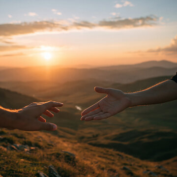 Elegent photo of Two people reaching out to hold hands against a vibrant sunset over mountains. Conceptual image of human connection, hope, and support.