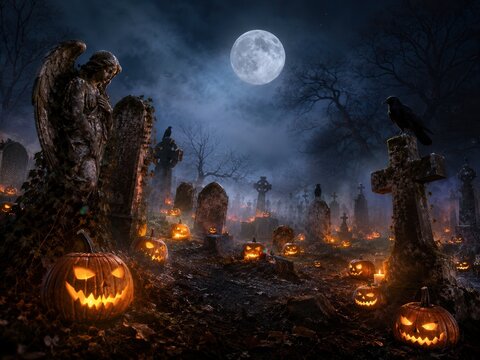 D&uuml;sterer Friedhof bei Vollmond mit verwitterten Grabsteinen, Raben und zahlreichen leuchtenden Jack-o&rsquo;-Lanterns. Atmosph&auml;rische Halloween-Horrorszene im dichten Nebel.