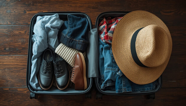 Open suitcase packed with summer vacation clothes, straw hat, and shoes on wooden floor