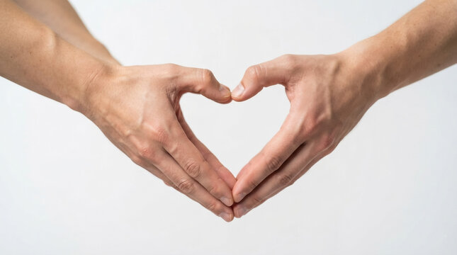Hands forming a heart shape gesture on a clean white background for love and care concept.