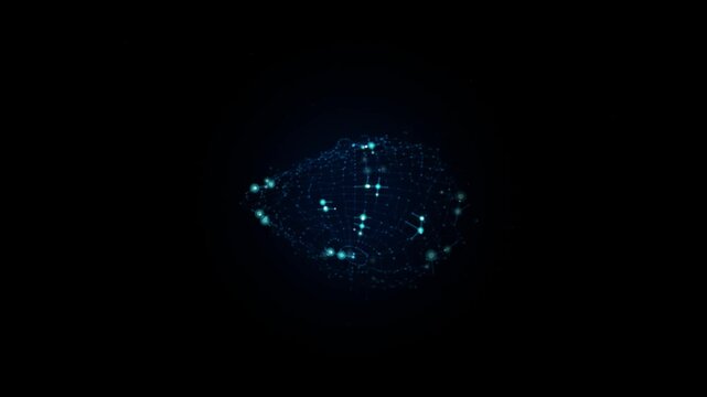 Abstract futuristic glowing blue plexus digital eye network on dark background animation.