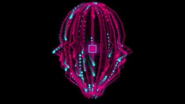 Abstract futuristic cybernetic wireframe head hologram with glowing neon particles on dark background animation.