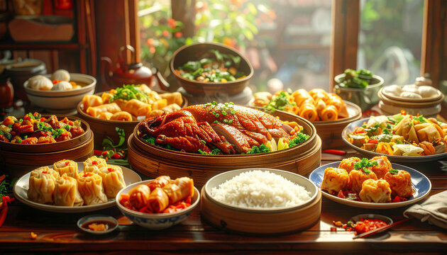 Homemade Chinese feast table filled with a variety of foods. AI