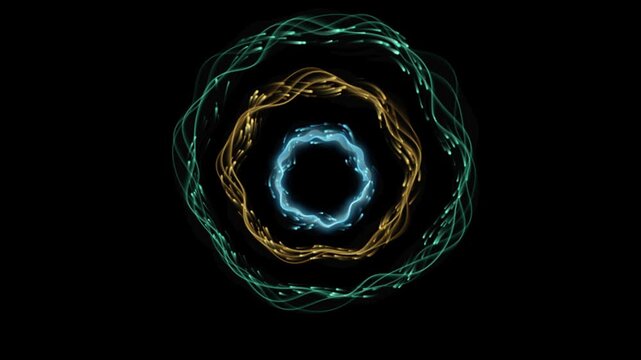 Abstract glowing colorful wavy energy rings and light trails on dark background animation.