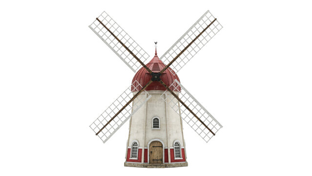 Traditional Dutch windmill isolated on white background for architectural design projects.