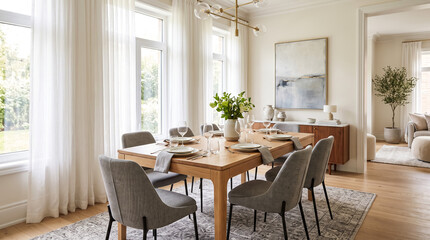 Fototapeta premium Modern dining room interior with wooden table and grey chairs in bright home