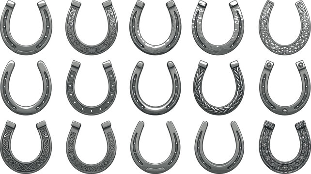 Lucky Horseshoe Icon Set with Vintage Steel Metallic Textures and Celtic Ornaments for Good Luck Charms Western Equestrian Sports and Tattoo Graphic Designs