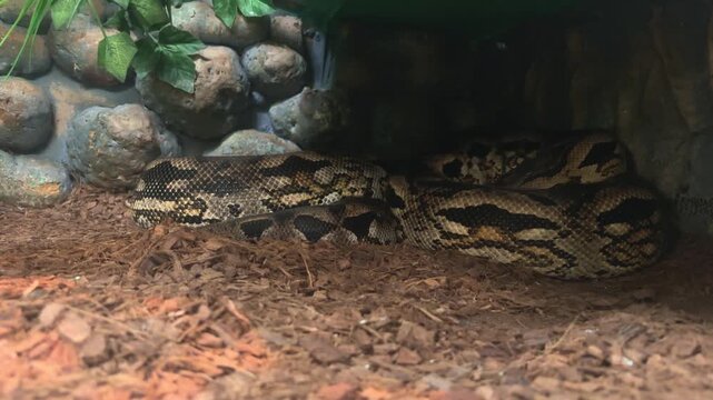 Burmese python coiled inside a terrarium, Python bivittatus, large constrictor snake, reptile wildlife, zoo exhibit, animal observation.