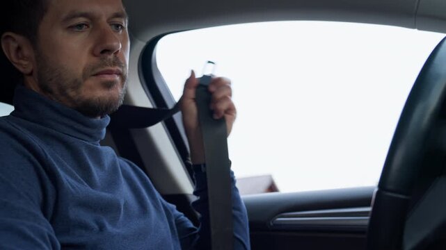 Man fastening a seat belt in the car.