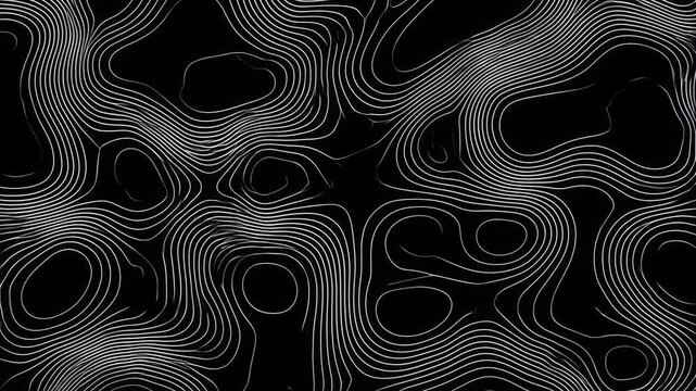 Topographic Contour Lines Animation with White Lines Morphing over Black Background Forming Abstract Terrain Pattern Seamless Loop Motion Graphic for Technology Backdrops and Modern Design