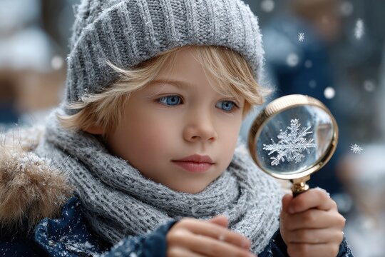 Young boy marvels at a snowflake through a magnifying glass in winter wonderland