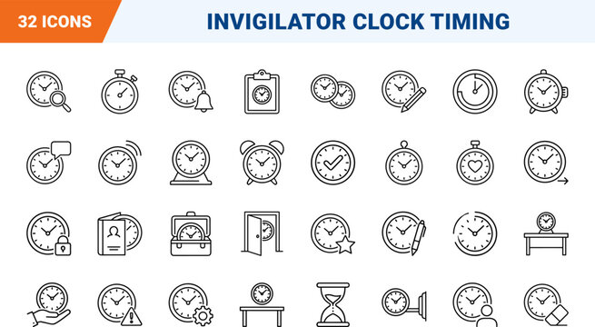 Invigilator Clock Exam Timing Web Icon Set in Linear Style. Collection of Test Proctoring line icons, including proctoring, supervision, countdown, timer, assessment, testing.