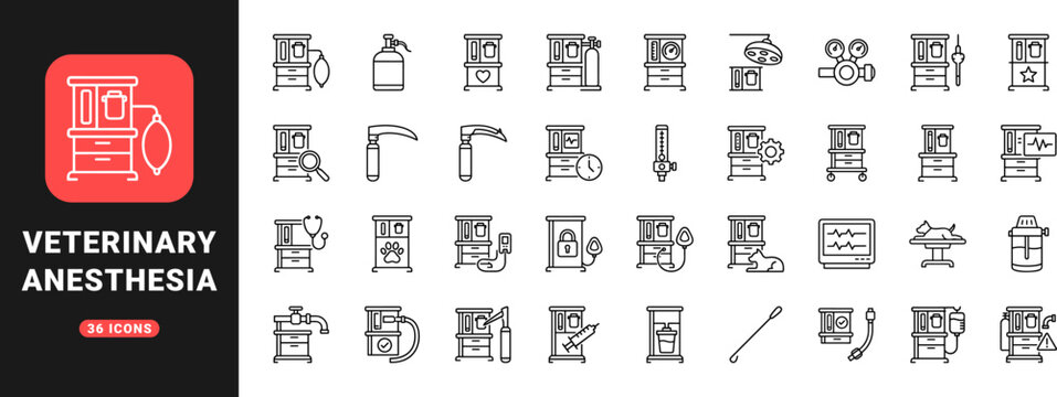 Vet Anesthetic Machine Surgical Procedure Web Icon Set in Linear Style. Collection of Animal Surgery line icons, including veterinary anesthesia, surgical monitoring, airway management, oxygen supply.