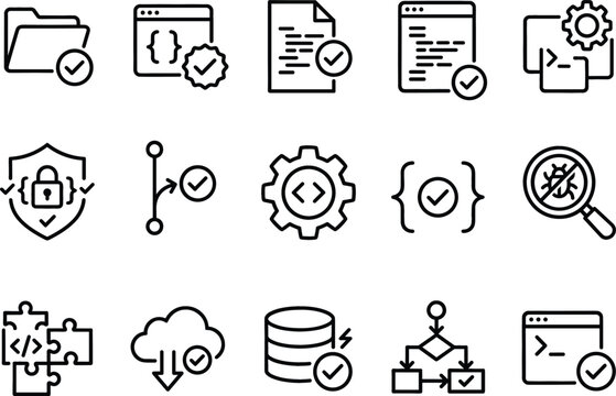 Software development and programming vector icon set featuring linear coding branch testing database cloud line art vectors