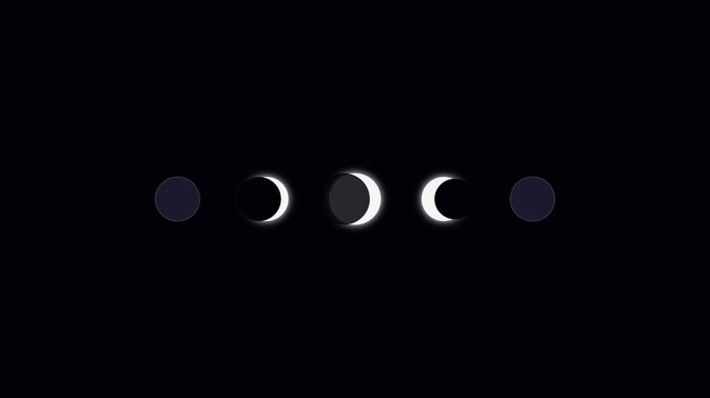Minimalist moon phases animation cycle: celestial lunar cycle motion on 4k black background astronomy