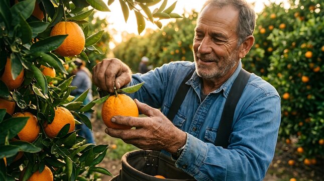 Elderly farmer harvesting ripe oranges in a sunny orchard.