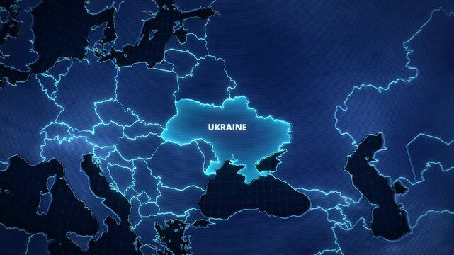 Digital map animation highlighting Ukraine, Eastern Europe, with glowing blue borders and a futuristic grid layout, ideal for a horizontal broadcast news background or geopolitical documentary.
