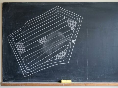 Chalkboard floor plan with technical architectural sketch