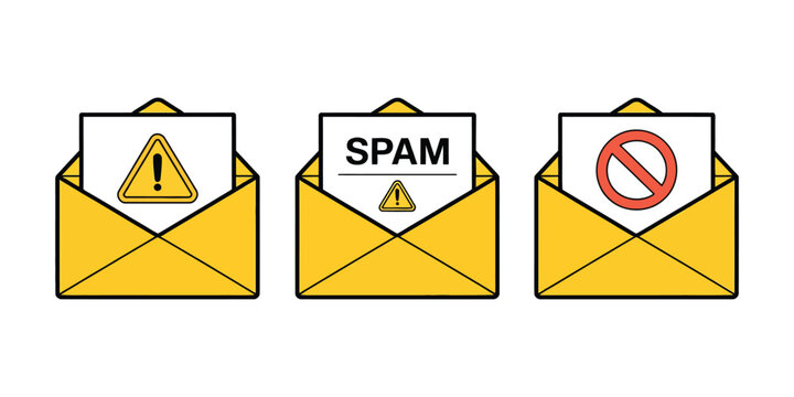 Spam Email Icons with Virus Mail, Malware, Hacker Protection, Phishing, Internet Scam, Cybersecurity, and Digital Threat Symbols
