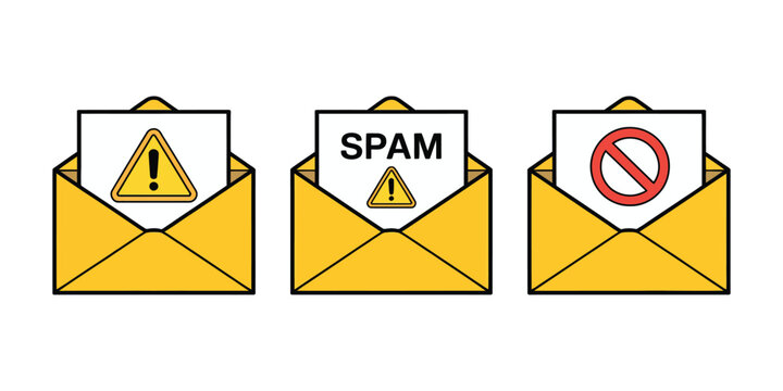 Spam Email Icons with Virus Mail, Malware, Hacker Protection, Phishing, Internet Scam, Cybersecurity, and Digital Threat Symbols