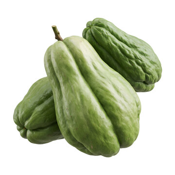 Three raw chayote squash vegetables on transparent  background