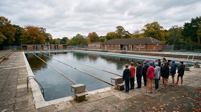 Group of children standing at the edge of an outdoor swimming pool preparing for a lesson in autumn