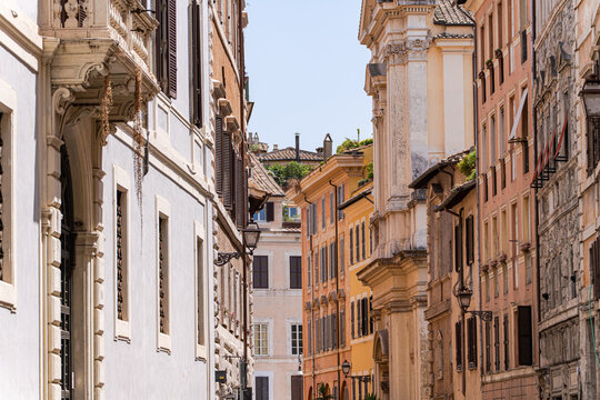 High section of Traditional buildings in a narrow street in the heart of Rome, Lazio, Italy
