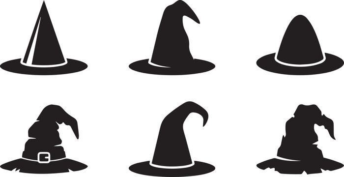 Set of various black witch hat silhouettes isolated on white background for creative halloween party design projects