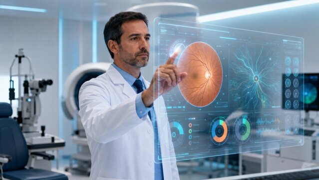 Doctor Reviewing Digital Retinal Scan in Eye Clinic