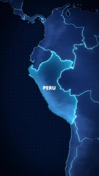 Glowing digital map of Peru, South America, featuring a luminous highlight, country outline, and typography label over a navy blue grid background, optimized for a vertical mobile app promo.
