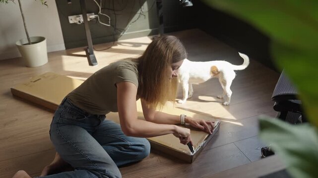 Woman opening flat pack shelving box for furniture assembly in home office