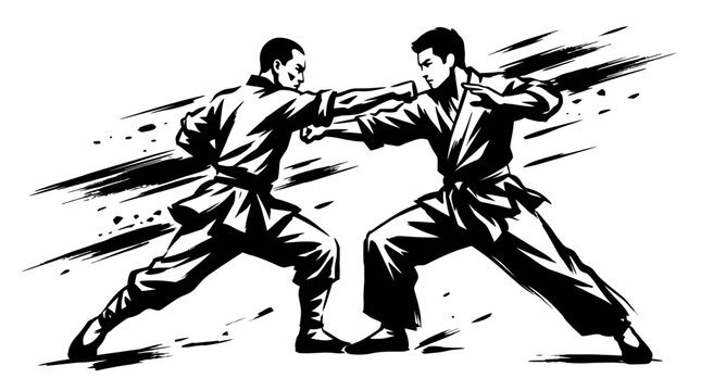 Two martial artists in traditional gis engaged in combat dynamic action pose black and white ink illustration