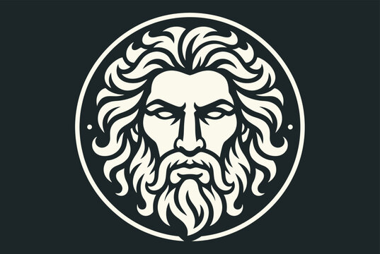 Stylized Ancient Greek God Zeus Head Emblem Mythological Figure Powerful Deity Icon Circle Design Black and White