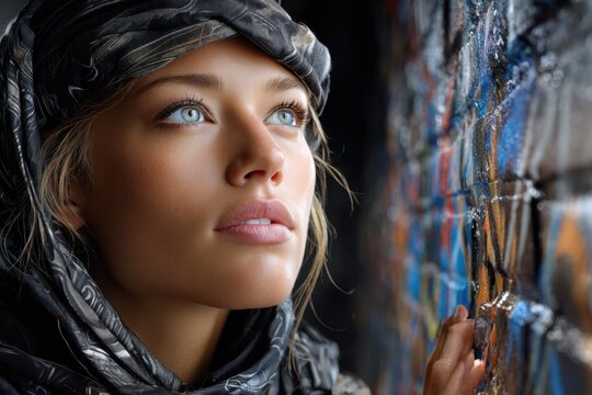 Woman with headscarf near graffiti wall