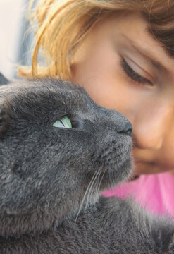 A child loves a cat outdoors. Selective focus.