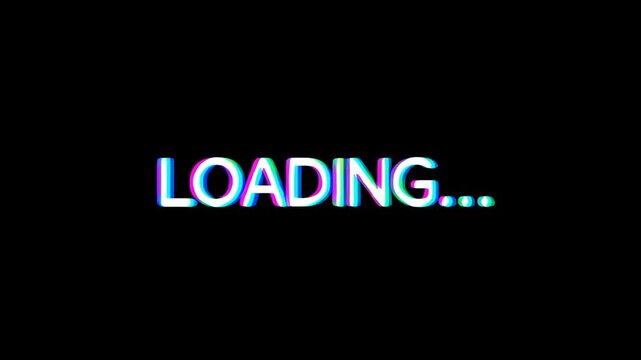 Loading Text Glitch Animation with White Bold Typography and Animated Rgb Color Split on Black Background Retro Digital Screen Effect for Tech Intro Video Transition and Website Preload Visuals
