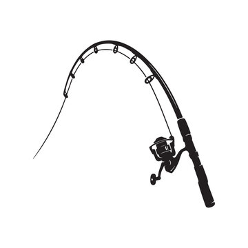 Bent fishing rod with spinning reel silhouette vector illustration