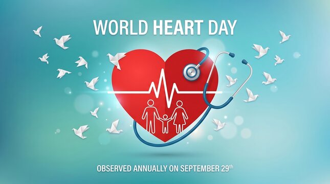World Heart Day concept with red heart and stethoscope. Family health awareness banner. Medical heartbeat pulse and white birds.