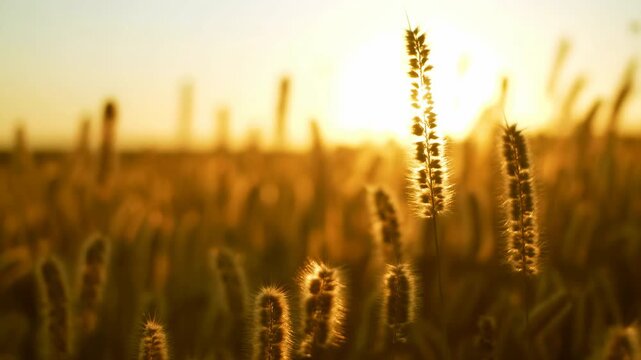 Backlit foxtail grass seedheads in warm sunset light across quiet field with soft glow, fine texture, golden tones, gentle horizon line, and calm natural atmosphere