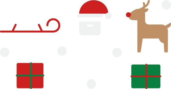 Minimalist christmas symbols of santa face reindeer sleigh and holiday gifts.