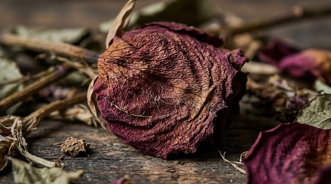 Dried withered red rose on rustic dark wood background
