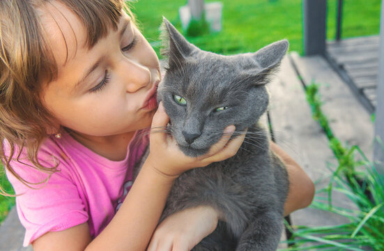 A child loves a cat outdoors. Selective focus.