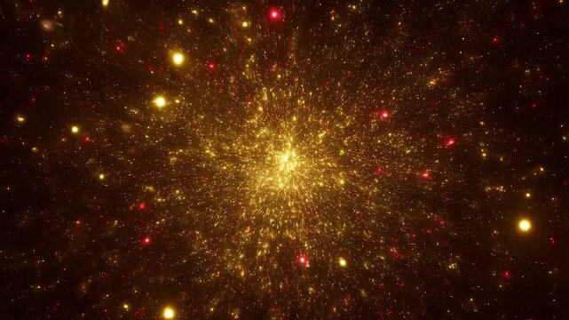 Gold Particles Bursting in Radiant Starburst with Red Sparks on Dark Background Festive Glitter Animation for Luxury Holiday Celebration and Glamorous Motion Graphic Backgrounds