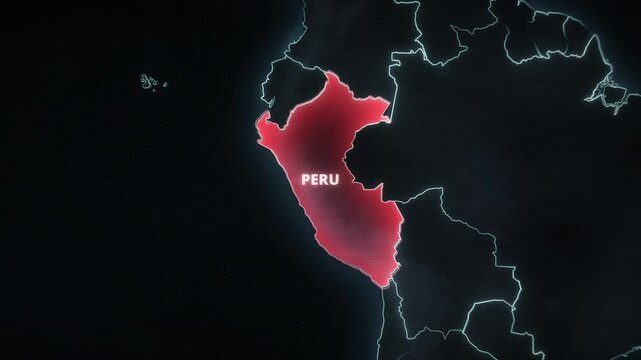 Digital map animation of Peru, South America featuring a glowing red alert highlight, designed for a horizontal breaking news broadcast, geopolitical presentation backdrop, or documentary.
