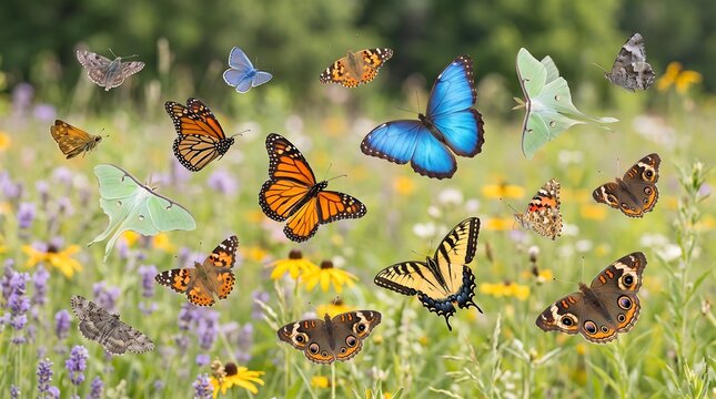 Colorful butterflies flying over summer flower meadow. Diverse butterfly species in sunny garden. Vibrant nature landscape with insects.