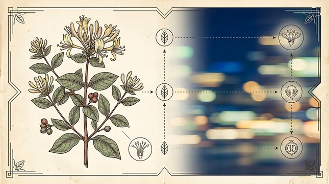 Vintage honeysuckle botanical illustration with scientific diagram