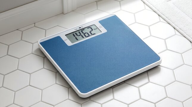 Digital bathroom scale on white hexagonal tile floor, blue electronic weighing machine for weight loss tracking and fitness monitoring