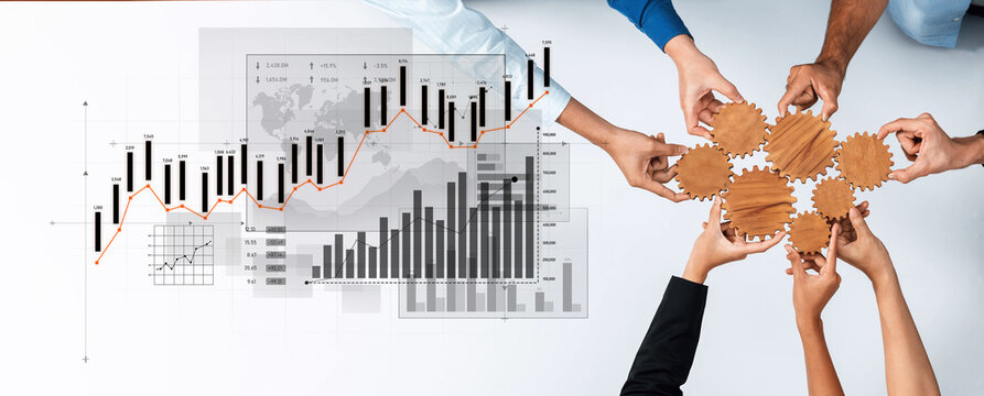 Dynamic office scene showcasing teamwork as diverse hands come together to hold gears while graphs and charts illustrate business growth and collaboration. Scalp