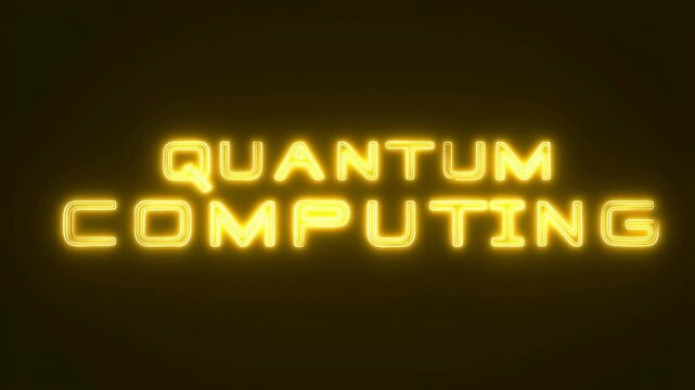 Quantum Computing Glowing in Yellow Neon Letters on Dark Background Animated Zoom Motion Graphic Ideal for Technology Presentations Science Explainers and Futuristic Innovation Concepts